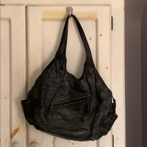 Vintage black leather tiered tote bag w gold studs